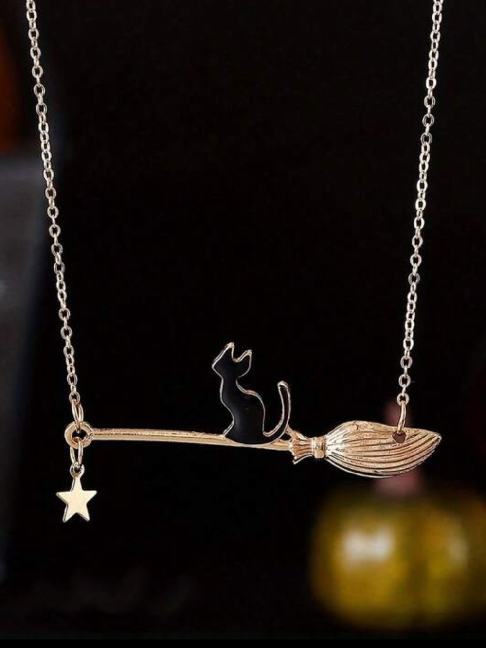 Gold Witch Broom Necklace with Black Cat Charm